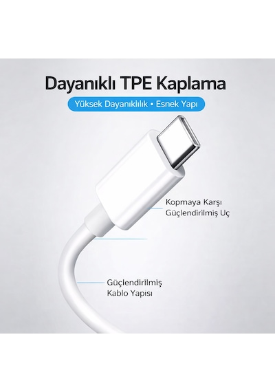 Uzun 3 Metre Usb-c Kablo Esnek, Sağlam Ve Uzun Ömürlü Type-c Kablo Beyaz
