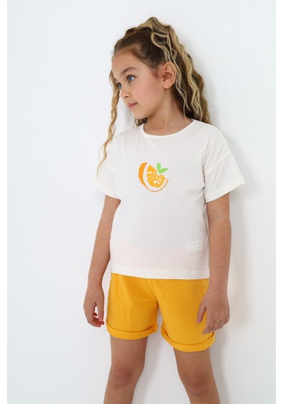 Toontoy Kids Toontoy Kız Çocuk 2'li Takım Baskılı Bisiklet Yaka T-shirt & Beli Lastikli Şort Ekru