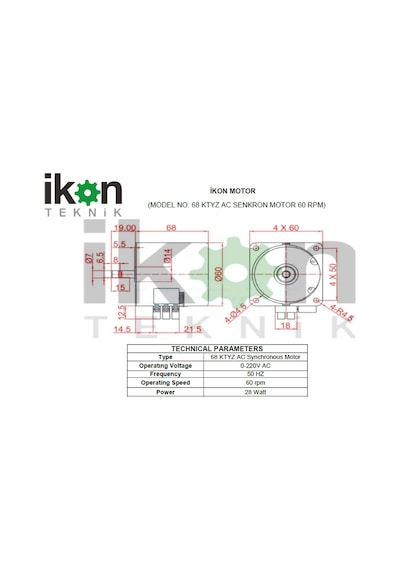 İkon Teknik AC SENKRON MOTOR 68 KTYZ 28 Watt 60 RPM 220 Volt