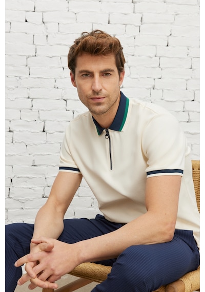 AC&Co / Altınyıldız Classics  Erkek Ekru Lacı Regular Fit Geniş Kesim Polo Yaka Tişört Ekru - Lacivert