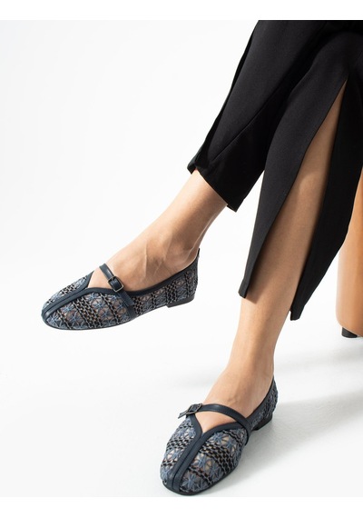 Dabab Shoes Marvena Kadın Lacivert Çapraz Bantlı Dantel Detaylı Şeffaf Dokulu Babet