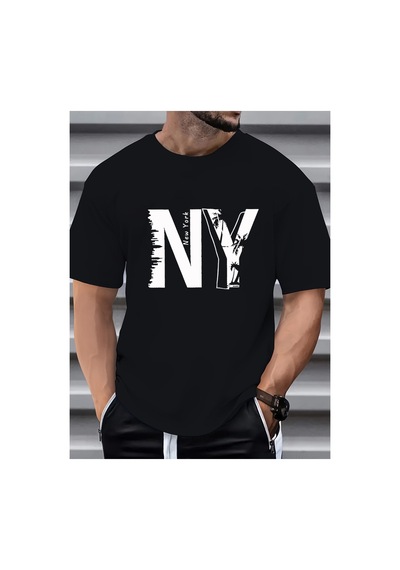 Caddemia Yaz  Rahat Gevşek Artı Boyutu Ny Mektup Baskılı Spor Rahat Yuvarlak Boy Siyah 2XL