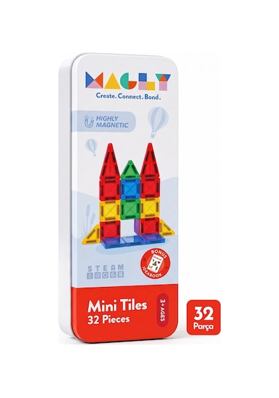 Magly Mini Tiles - Seyahat Boy Manyetik Yapı Blokları - Çocuklar İçin Metal Kutulu 32 Parça Mini Manyetik Oyun Seti