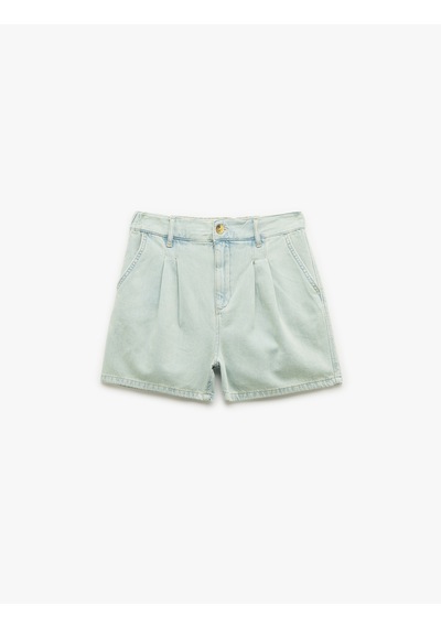 Koton Normal Bel Pileli Düğmeli Cepli Rahat Kalıp Mini Denim Şort Açık İndigo 5sal40006md Açık İndigo