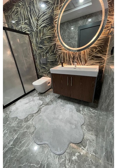 2'li Gri Banyo Halısı Peluş Post Halı Klozet Takımı 80x80 Ve 100x100 Gri