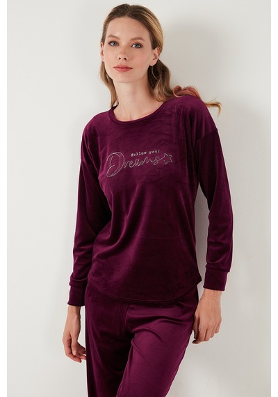 Lela Standart Fit Bisiklet Yaka Yumuşak Kadife Bayan Pijama Takımı 6094202 Mor