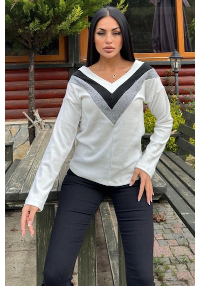 WeShaya Kadın Ekru Uzun Kollu V Yaka Color Block Pamuklu Bluz Sweatshirt Ekru
