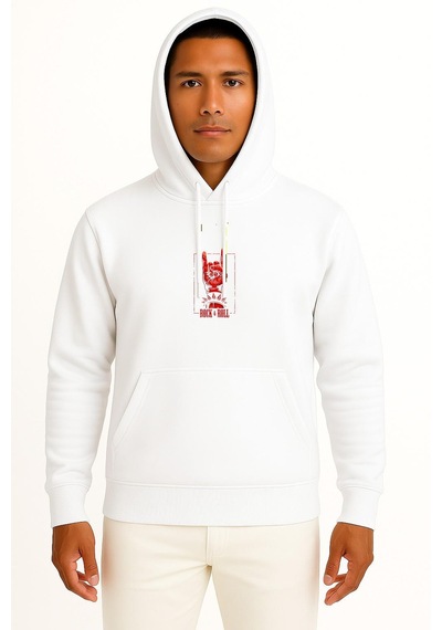 Bahriyeli Collection Kapüşonlu Rock And Roll Göğüs Baskılı Unisex Sweatshirt Beyaz