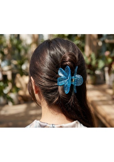 Lotus Saç Tokası Büyük Boy 8 Cm, Tekli Saç Tokası, Lotus Çiçeği Tasarımı Pırıltılı Mavi Çok Renkli