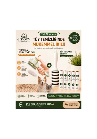2'si 1 Arada Tüy Temizleme Seti Basmalı Kedi Köpek Tarağı + 550 Yaprak Tüy Toplama Rulosu
