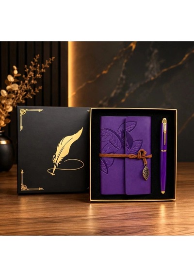 Özel Üretim Lüks Promosyon Mor Yaprak Desenli Deri Defter Roller Metal Kalem Özel Hediye Seti