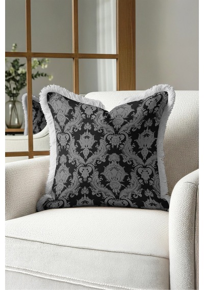 Lüks Damask Barok Desenli Saçaklı Yastık Kılıfı - Zarif Avangart Siyah Gri Püsküllü Kırlent Kılıfı Puslu Kanyon Halo Lüks Damask Barok Desenli Saçaklı Yastık Kılıfı - Zarif Avangart Siyah Gri Püsküllü Kırlent Kılıfı Puslu Kanyon Halo