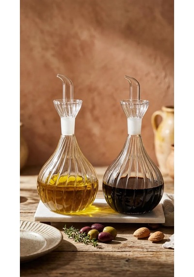 2 Adet 900 Ml Borosilikat Tombul Çizgili Cam Yağdanlık Ve Mermer Stantlı Yağlık Sirkelik Seti Şeffaf