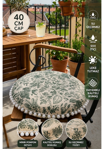 Yeşil Çiçekli Toile De Jouy Desenli Yuvarlak Minder 40 Cm - Su Geçirmez, Sıvı İtici, Leke Tutmaz, Ponponlu Çok Renkli Yeşil Çiçekli Toile De Jouy Desenli Yuvarlak Minder 40 Cm - Su Geçirmez, Sıvı İtici, Leke Tutmaz, Ponponlu Çok Renkli