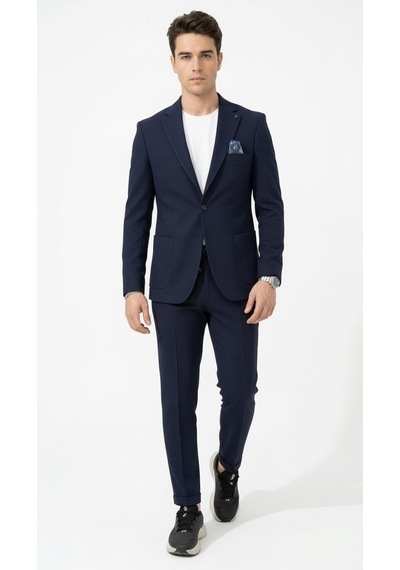 Erkek Yazlık Dokulu Kumaş Tek Düğme Ceketli Jogger Pantolonlu Takım Elbise Slim Fit Spor Şık Kombin Lacivert