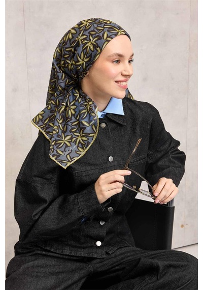Silk Home Pamuk Polyester Soft Eşarp Hardal Flora Desenli Kaymaz Dokulu 90x90 Çok Renkli