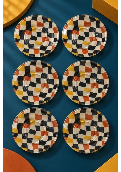 6 Lı Cam Çay Tabağı Retro Siyah Dama Desenli 12 Cm, 6 Adet Çay Tabak Çok Renkli