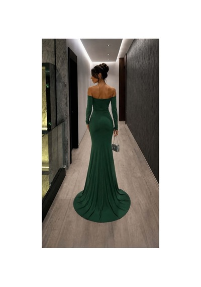 DefyModa Kadın Günlük Tek Omuz Taş Detaylı Abiye Elbise Zümrüt
