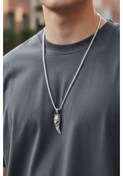 Ak Store Silver Gümüş Kaplama Krom-Çelik Erkek Kolye Madalyon Kurt Dişi Üzerine Bozkurt İşleme
