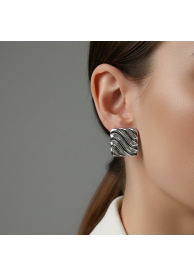 Lente Aksesuar Modern Dalga Dokulu Kare Küpe - Günlük Ve Özel Gün Şıklığı Retro Küpe Silver
