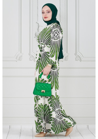 Sevitli Neva Beli Kuşaklı Viscon Elbise-yeşil-3769-kiremit Kiremit
