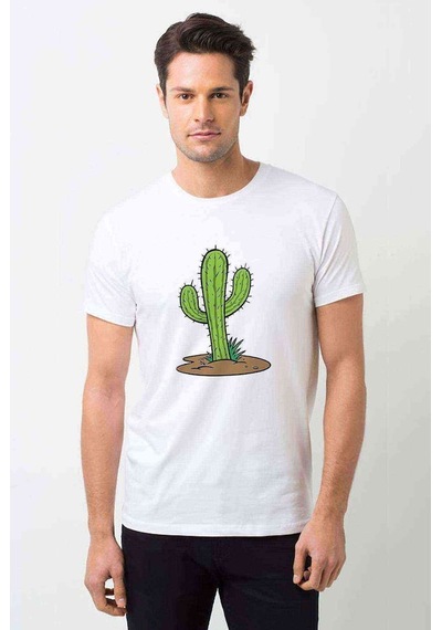 Kaktüs Cactus Baskılı Beyaz Erkek Tshirt