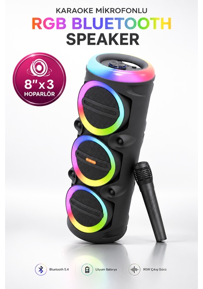 Taşınabilir Mikrofonlu 90w Led Işıklı Bluetooth Karaoke Hoparlör Seti