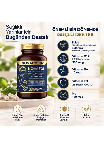 Novacolin Novafol Metilfolat B12 B6 D3 İyot 30 Bitkisel Kapsül