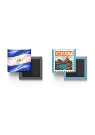 9x9 Cm Buzdolap Magnetleri - Nikaragua Bayrağı Ve Posta Pulu Tema - 2'li Set Magneti