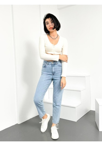 Mavi Kar Kadın Mom Jean Yüksek Bel Likrasız Pamuk Kot Pantolon Anna Model 001