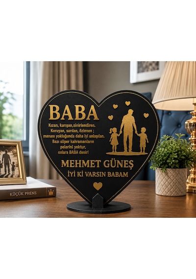 Kişiye Özel Babalar Günü Ahşap Dekor Siyah Mdf Altın Detaylı Masa Üstü Biblo 18x20 Cm