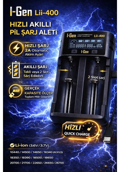 I-gen G220 2'li 18650 Li-ıon Akıllı Pil Şarj Aleti + 2 Adet 18650 2000mah 3.7v 7.4wh Li-ıon Pil Seti