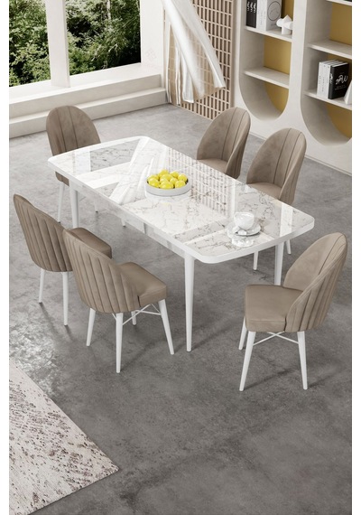 Canisa Gale Serisi 80x132 Açılabilir Lak Panel Beyaz Mermer Desen Mutfak Masa Takımı 6 Sandalye Masa Beyaz Mermer Desen Sandalye Cappucino Canisa Gale Serisi 80x132 Açılabilir Lak Panel Beyaz Mermer Desen Mutfak Masa Takımı 6 Sandalye Masa Beyaz Mermer Desen Sandalye Cappucino