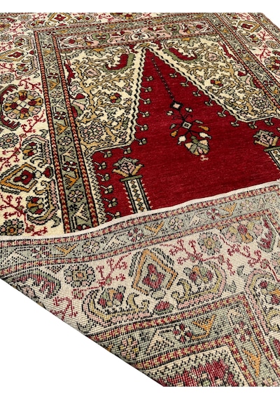 El Dokuması Sıfır Bürüngüz Halısı 107x171 Mihraplı Model Antika Kök Boya Yün Halı Kırmızı
