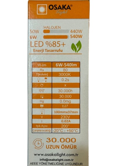 Osaka 6w 50w 3000k Sarı Işık E27 Duylu Led Ampul 8 Adet