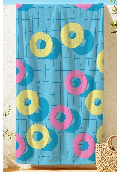 Halka Simit Desenli Mavi Plaj Havlusu - Tropikal Modern Pembe Sarı Havuz Deniz Banyo Sahil Örtüsü Çiy Zeytin