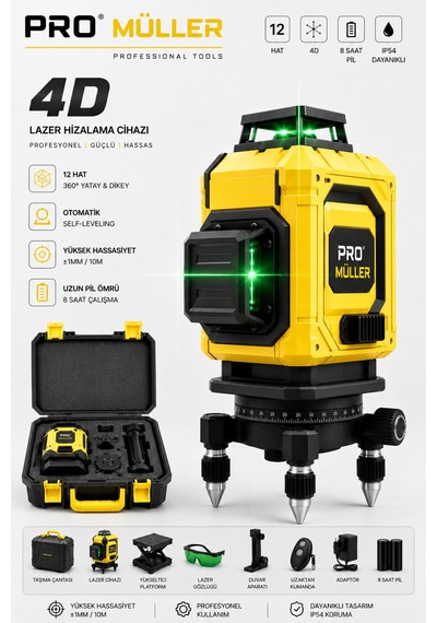 Pro Müller Professional Otomatik Hizalama 12 Köşe 360 Yeşil Lazer Çizgi Hizalama Terazi Çantalı