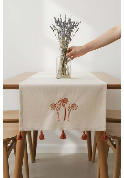 Palmiye Nakışlı Buldan Kumaş Runner 50x130 Cm Krem