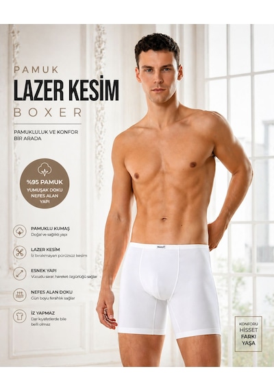 Berrak Erkek Pamuklu Lazer Kesim Boxer İz Yapmaz, Nefes Alan Premium Konfor Beyaz