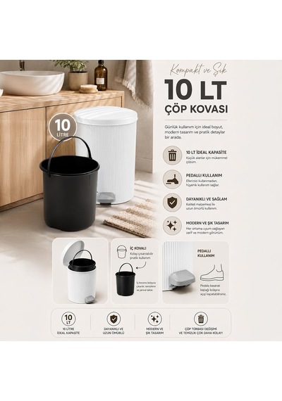 Tr 0706-1 Still 10 Litre Pedallı İç Kovalı Çöp Kovası Beyaz Yuvarlak Banyo Ve Mutfak Çöp Kovası Diğer
