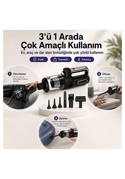 El Tipi Süpürge 20.000 Pa 120w, 3 Ü 1 Arada Vakum Üfleme Şişirme Özellikli, 2 Kademeli Şarjlı Araç Ve Ev 20000 Pa