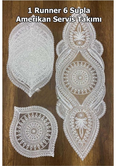 Supla Runner Seti Sunumluk Kordone Nakışlı Modern Amerikan Servis Takımı 6 Kişilik Set - Krem - 910-40x40cm Diğer