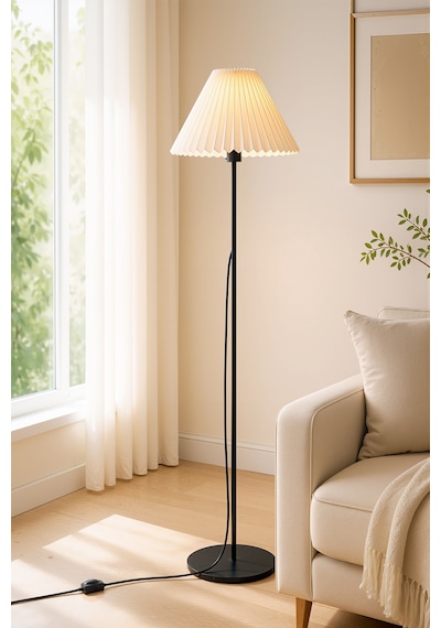 Umbrella Lambader Siyah Metal Tek Ayaklı Lamba Krem Modern Kırma Kumaş Başlık Lam07