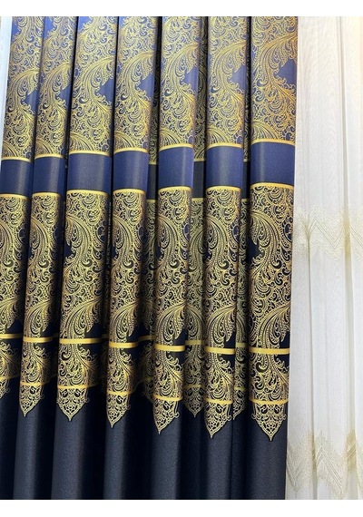 Nivemeshome Milas Lacivert-gold 671539 1/3 Sık Pileli Fon Perde Apm Lacivert-gold