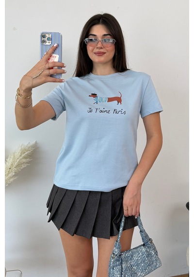 Giysa Kadın Bisiklet Yaka Köpek Baskılı T-shirt Mavi - 26y 2222