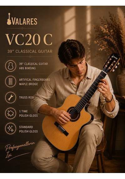 Valares Vc20cn Kesik Kasa Klasik Gitar Natürel 38 İnç 4/4 Yetişkin Üst Segment Çanta Capo Askı Pena Tuner