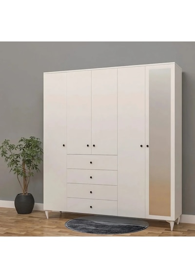5 Kapılı 4 Çekmeceli Aynalı Gardırop Suntalam Beyaz