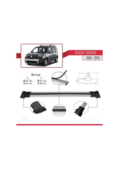 Renault Kangoo 2008-2020 Arası İle Uyumlu Fly Model Ara Atkı Tavan Barı Gri