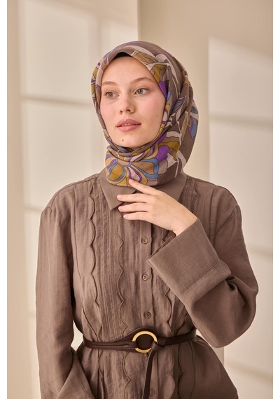 Silk Home Olinda İpek Eşarp 47003-12 Koyu Vizon, İndigo, Mor, Bej, Yağ Yeşili