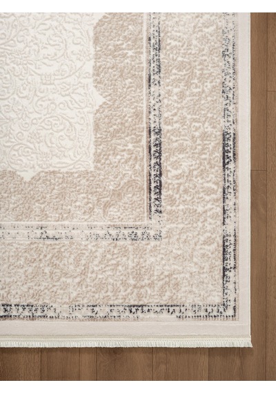 Look Classıc Lk005m Çerçeveli Krem Gri Klasik Desen Akrilik Dokuma Taban Tozuaz Oturma Odası Halısı-1034 Krem - Gri